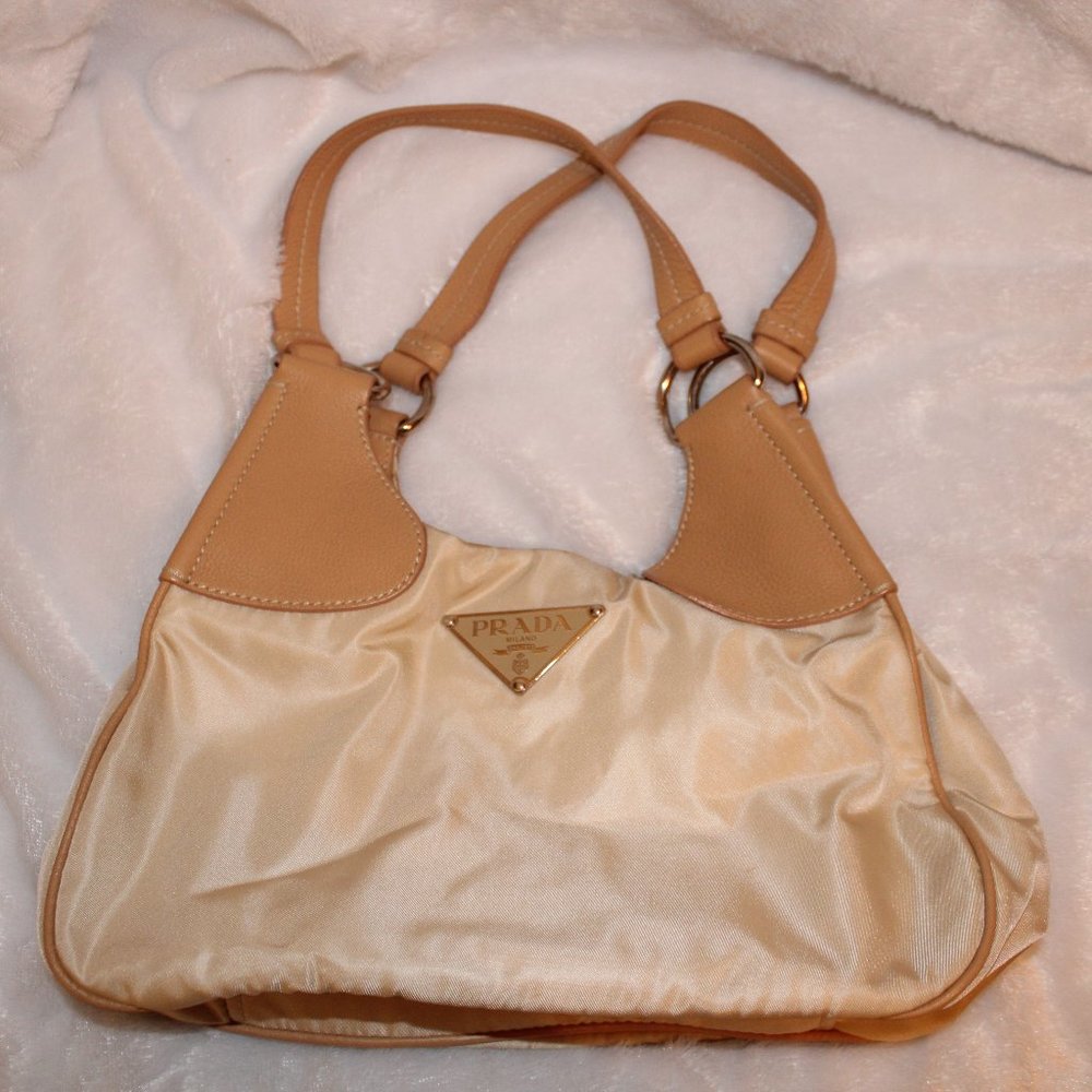 Prada Tan Nylon & Leather Shoulder Hobo Purse